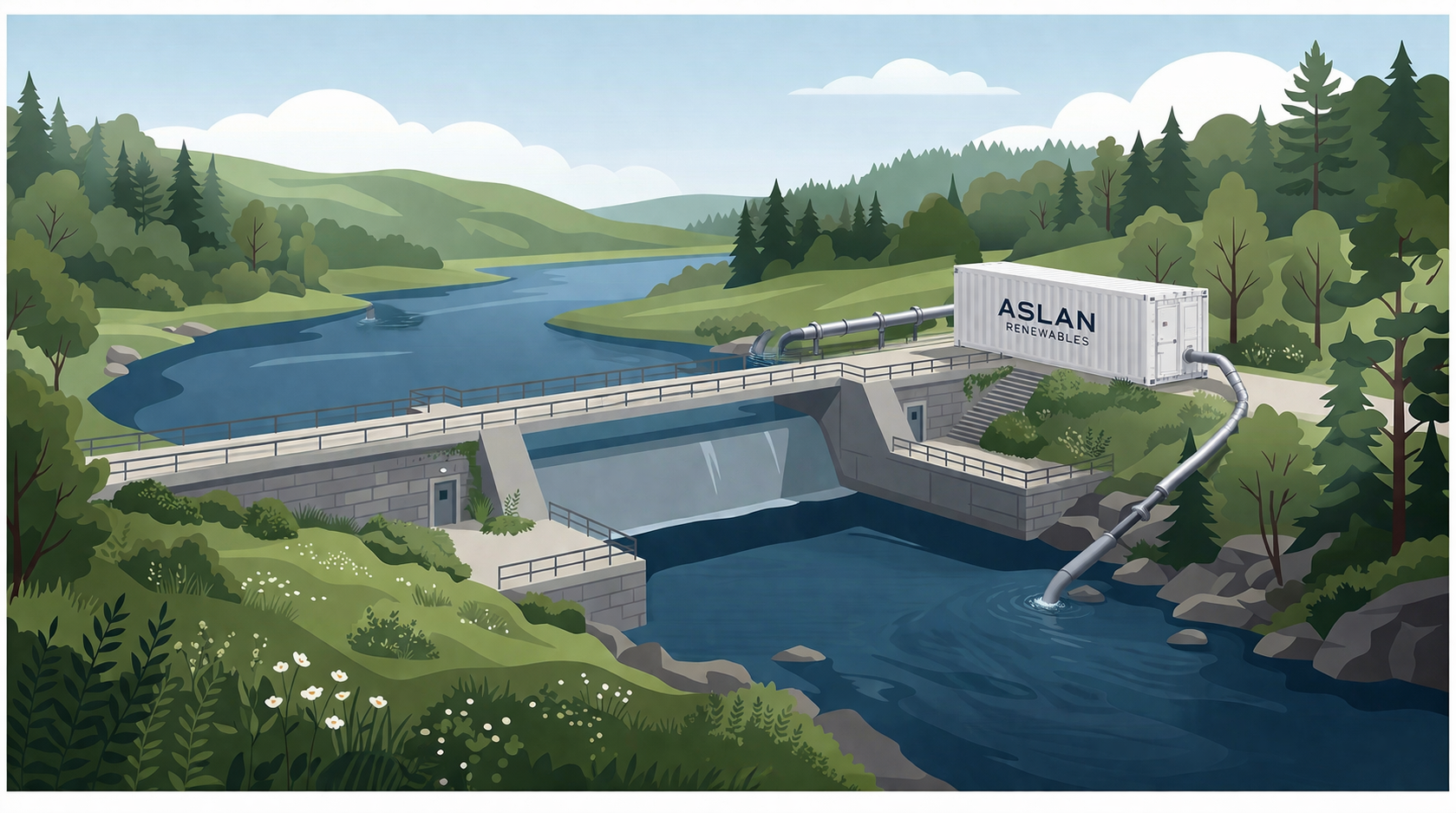 Modular system installed beside dam